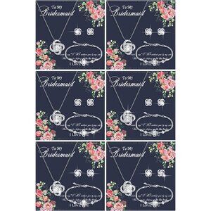 Silver Bridesmaid Jewelry Set 6-Piece Gift Love Knot Necklace Earrings Bracelet
